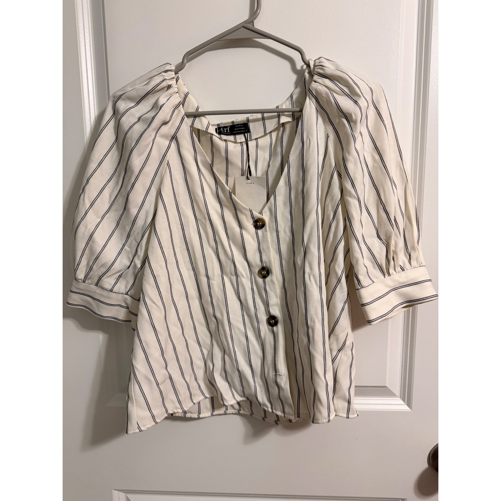 Zara TRF Striped Puff Sleeve V-Neck Button Down Blouse Cream Navy Blue Size M NW
